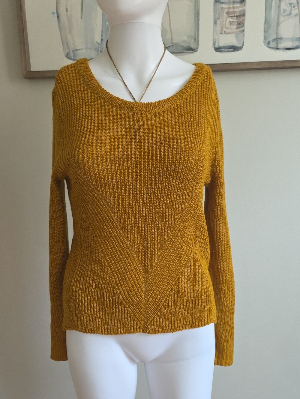 Love By Design Mustard Ribbed V-Panel Crewneck Sweater